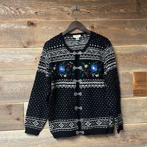 Vintage Talbots Wool Icelandic Floral Nordic Cardigan Sweater Size Medium